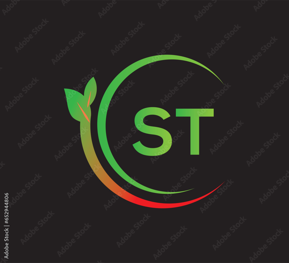 ST leaf letter logo. Minimalist gradient style design.Backround with black ST leaf letter logo. Minimalist gradient style design.Backround with black