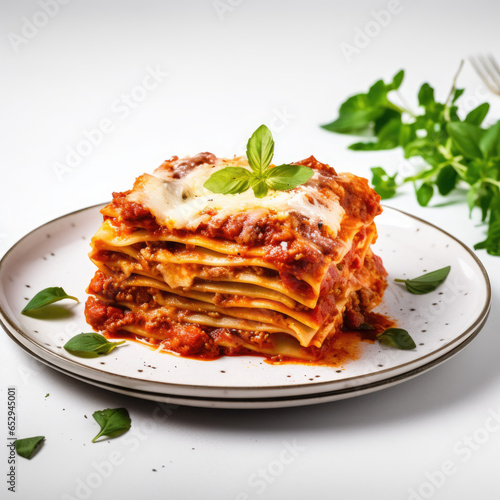 Lasagna with Tomato Sauce on a White Background
