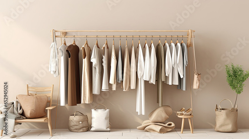 Clothes on grunge background, shelf on cream background. Collection of clothes hanging on a rack in neutral beige colors, store and bedroom concept © Sasint