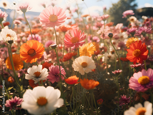 Beautiful large field filled with colorful flowers - multicolor, blue skies, garden, bloom © MadsDonald