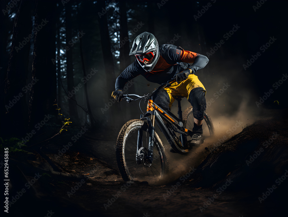 Naklejka premium Mountainbiker going fdast downhill with dirt getting blown in the air behind him - exercise, mountain, biking