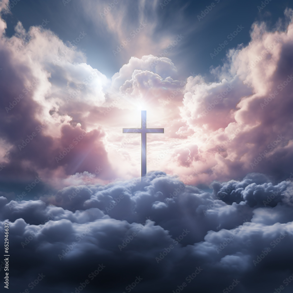 silhouette christian cross against blue cloudy sky with sunrays behind silhouette christian cross against blue cloudy sky with sunrays behind
