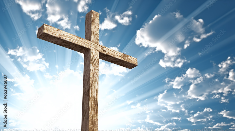 silhouette christian cross against blue cloudy sky with sunrays behind silhouette christian cross against blue cloudy sky with sunrays behind