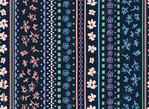 Floral, vertical border seamless repeat pattern. Vector botany, stripes, polka dots, geometric shapes all over surface print on dark blue background.