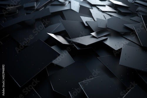 A collection of black metal pieces arranged on a black surface. This versatile image can be used to depict concepts such as industry, construction, technology, or abstract design.