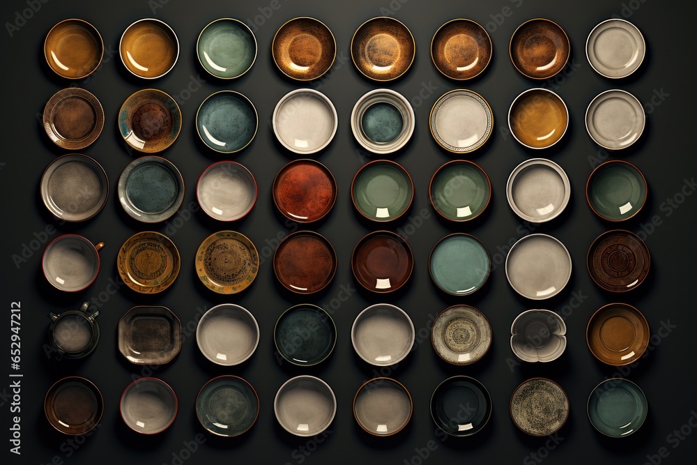 A collection of various colored plates arranged on a wall. This versatile image can be used for interior design, home decor, or restaurant themes. A collection of various colored plates arranged on a wall. This versatile image can be used for interior design, home decor, or restaurant themes.