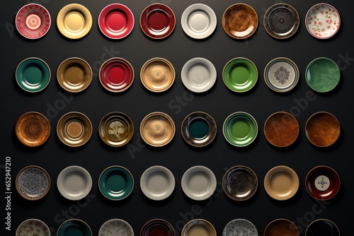 A collection of different colored plates arranged on a black surface. Can be used for showcasing a variety of tableware or as a background for food-related content.