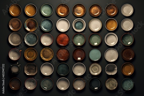 A collection of various colored plates arranged on a wall. This versatile image can be used for interior design, home decor, or restaurant themes.