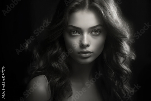 beautiful woman wearing dress in dark room, monochromatic intensity