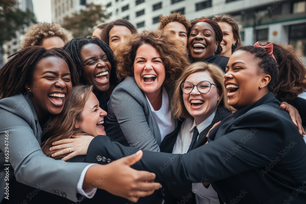 Group of diverse female executives in suits laughing and hugging in street, Generative AI - obrazy, fototapety, plakaty 