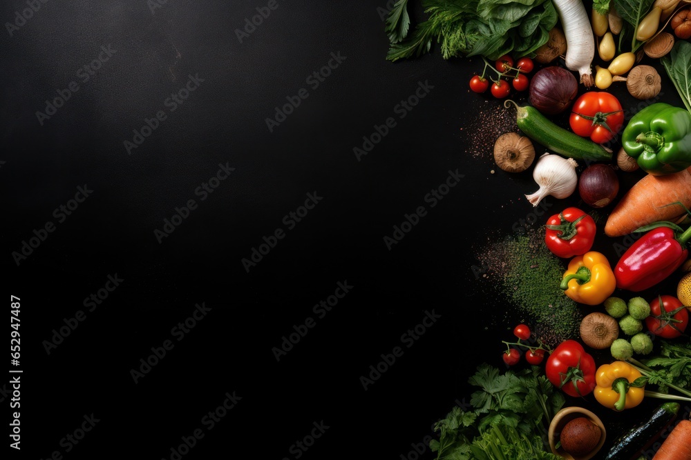 A collection of various fresh and colorful vegetables displayed on a sleek black background. Perfect for food-related projects or healthy eating concepts. A collection of various fresh and colorful vegetables displayed on a sleek black background. Perfect for food-related projects or healthy eating concepts.
