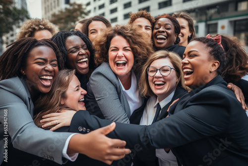 Group of diverse female executives in suits laughing and hugging in street, Generative AI