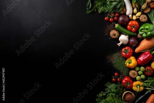 A collection of various fresh and colorful vegetables displayed on a sleek black background. Perfect for food-related projects or healthy eating concepts.