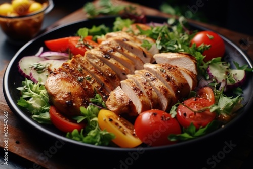A plate of chicken, tomatoes, and lettuce arranged on a table. Perfect for food and healthy eating concepts.