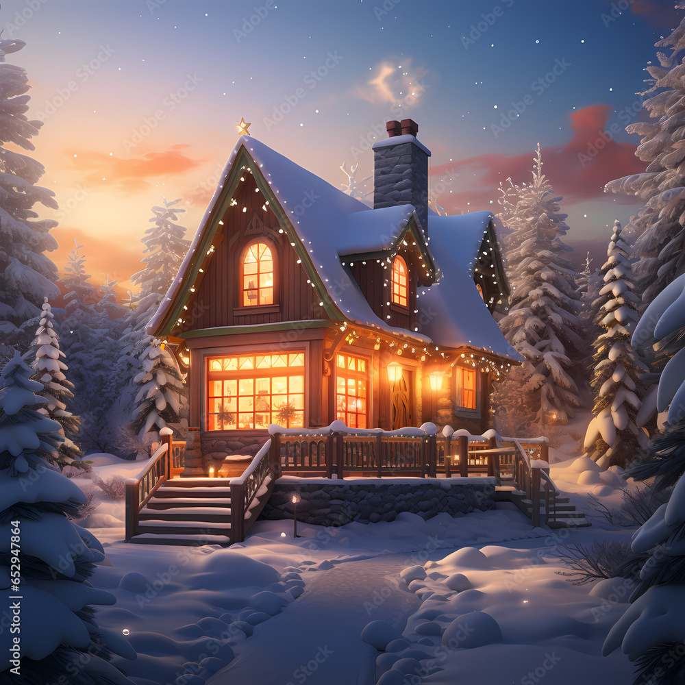 cabin surrounded by a snowy forest ai generated art
