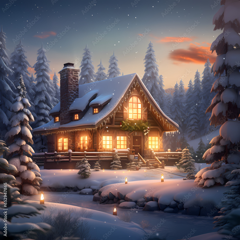 cabin surrounded by a snowy forest ai generated art