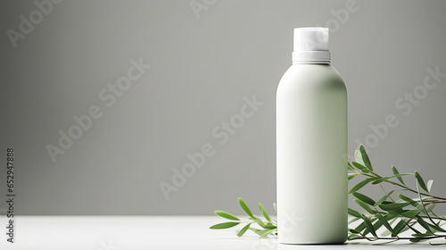Cosmetic bottle containers with green herbal leaves  Blank label for branding mock-up  Natural beauty product concept.