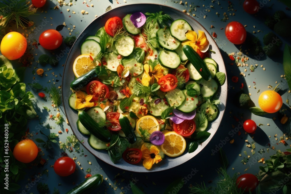 A plate filled with a variety of fresh vegetables including ripe tomatoes and crisp cucumbers. Perfect for healthy eating and farm-to-table concepts. A plate filled with a variety of fresh vegetables including ripe tomatoes and crisp cucumbers. Perfect for healthy eating and farm-to-table concepts.