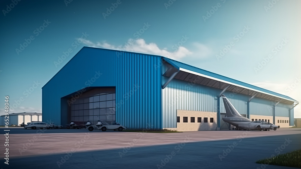 Industrial hangar. Warehouse building exterior. Industrial building under blue sky.generative ai Industrial hangar. Warehouse building exterior. Industrial building under blue sky.generative ai