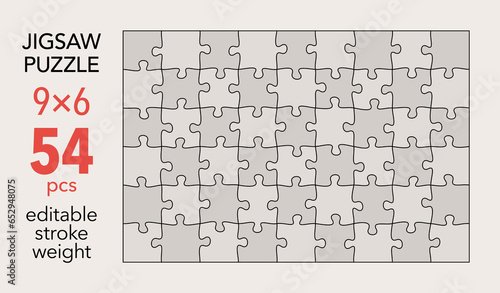 Empty jigsaw puzzle grid template, 9x6 shapes, 54 pieces. Separate matching irregularly elements. Flat vector illustration layout, every piece is a single shape.