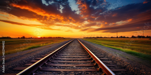 railway in the sunset. vast desert landscape. Tramway, Rail Bed, Train Route, Track System, Train Pathway, Train Infrastructure