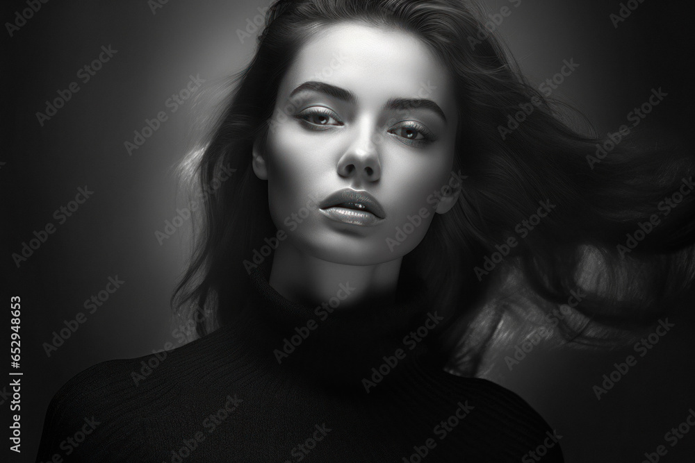 beautiful woman wearing dress in dark room, monochromatic intensity beautiful woman wearing dress in dark room, monochromatic intensity