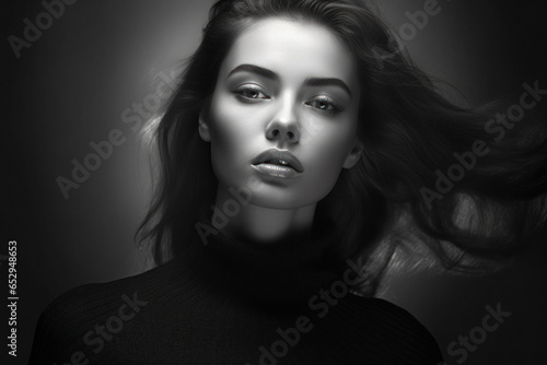 beautiful woman wearing dress in dark room, monochromatic intensity