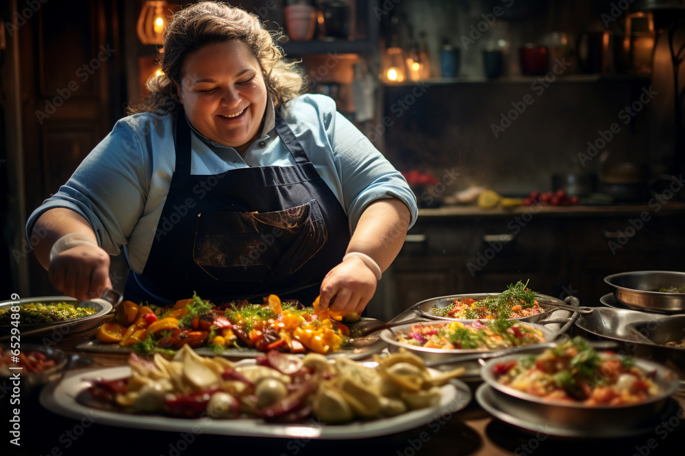 Happy overweight female chef preparing vegan haute cuisine, Generative AI