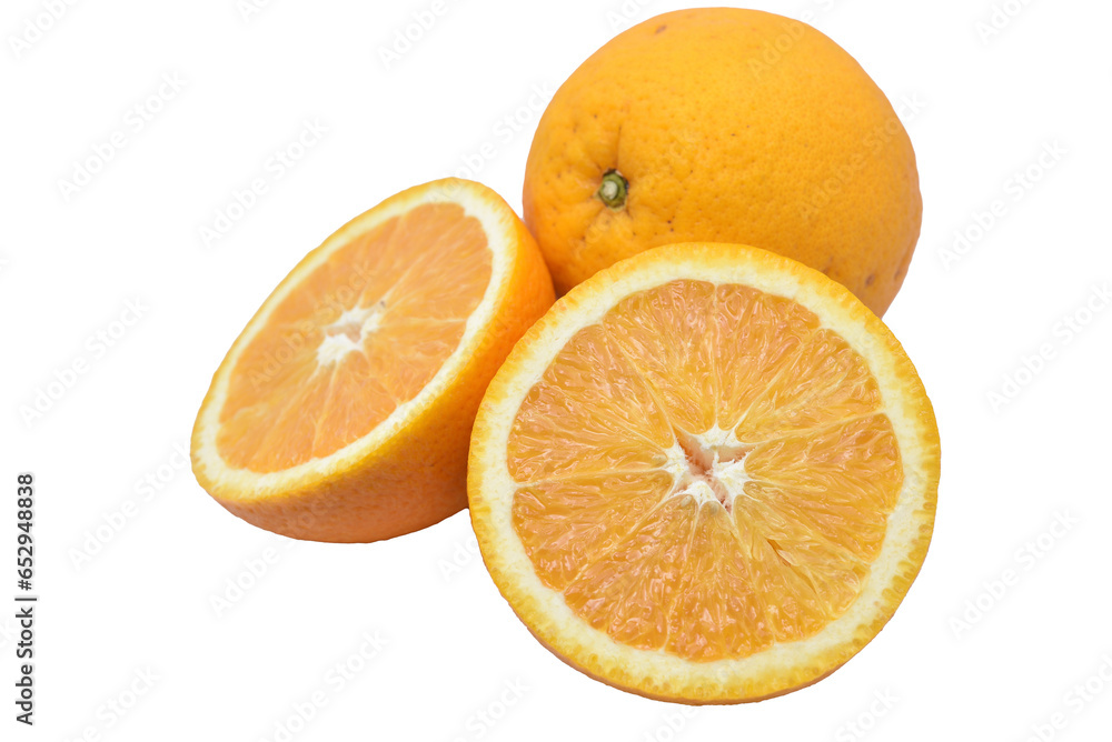 Fototapeta premium Orange slices on a white background. Isolated object yellow orange. Citrus fruits.