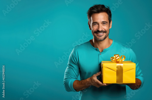 Handsome happy young man 40-50 years old holding holiday gift box with bow and ribbon, father's day and happy birthday greeting on turquoise background © OlgaChan