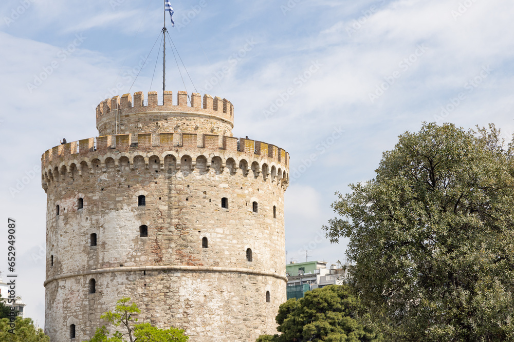 White tower monument at waterfront of Thessaloniki in Central Macedonia in Greece