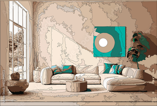Fototapeta Naklejka Na Ścianę i Meble -  Minimalist home interior design. Corner sofa with turquoise pillows and a large flower in the corner of the living room.