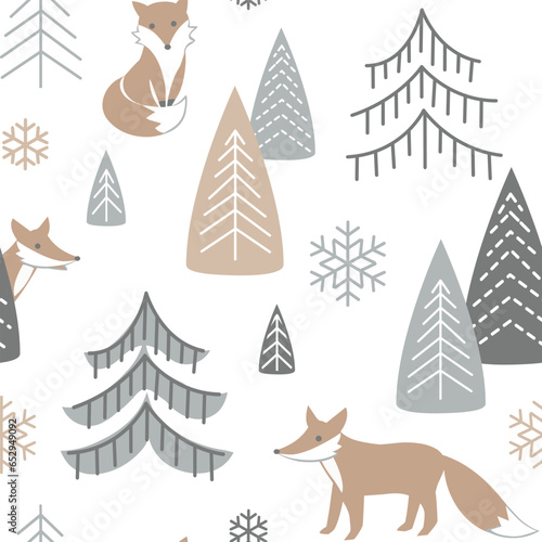 Foxes in the forest seamless pattern. Neutral pastel background. Scandinavian winter style. Vector illustration.