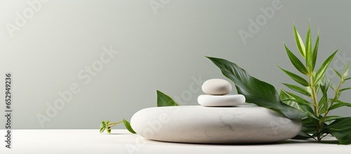 Product display montage featuring stone pedestal in a spa setting