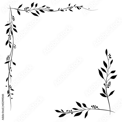 Black elegant floral corners from two branches with leaves and berries. Logo element for laurel wreaths. Hand drawn wedding grass line with leaves for invitation, save date card