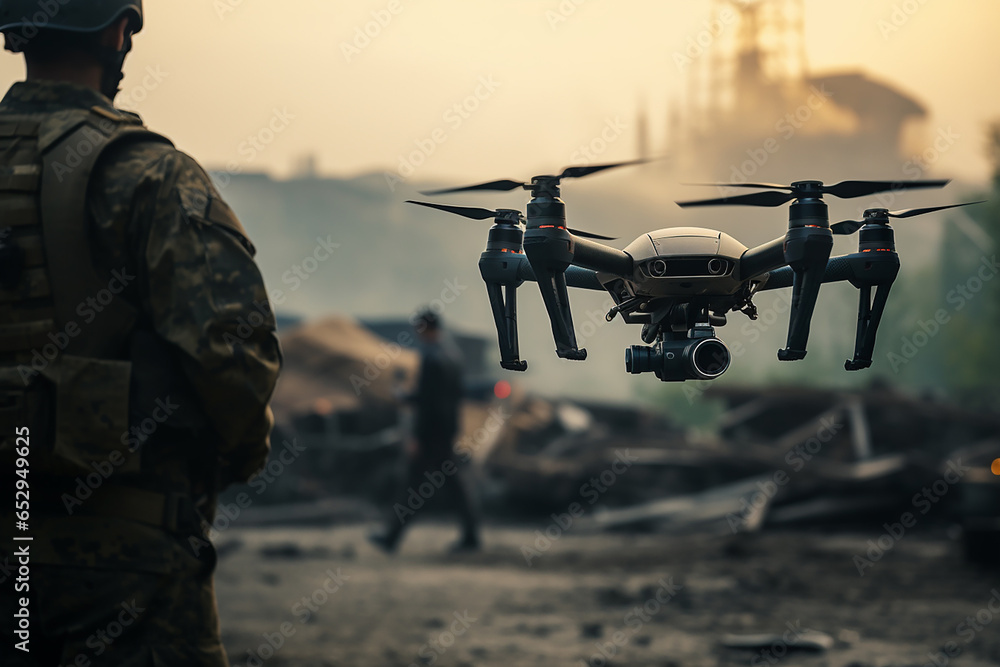 A soldier pilots a drone