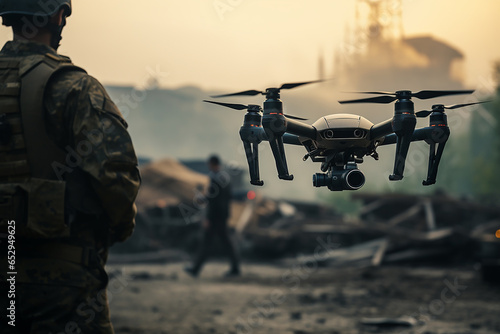 Obraz na płótnie A soldier pilots a drone w salonie