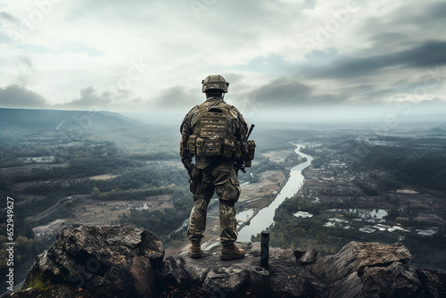 A soldier on the edge of a cliff