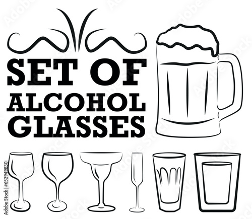 Alcohol glasses, drink glasses icon set.