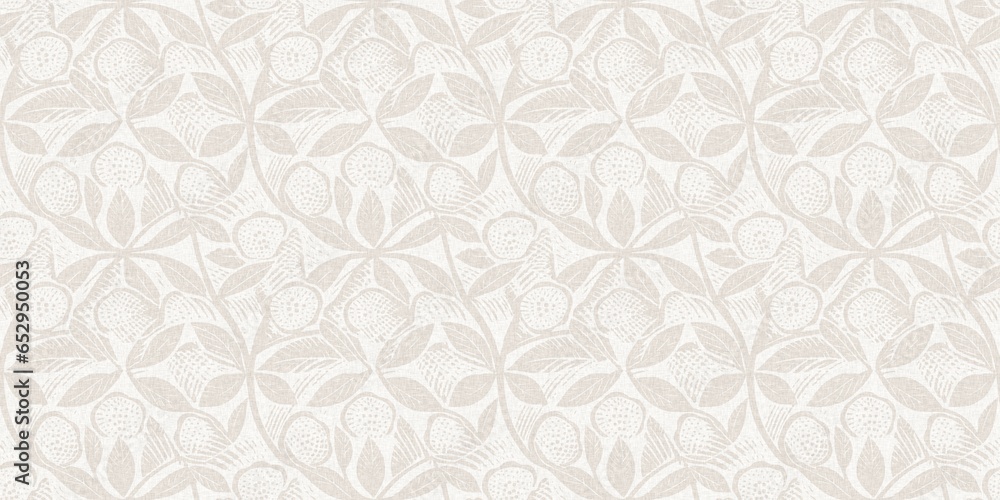 Subtle rustic elegance wedding floral block print linen seamless border. Banner print of white on white tonal cotton effect flower ribbon.