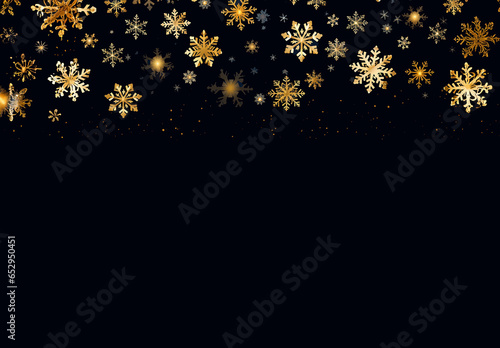 Gold snowflakes on a navy blue background with space for copy or text