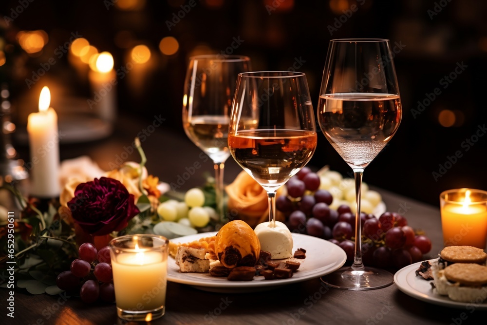 Hotel Restaurant Table with Wine Glasses and Appetizers Hotel Restaurant Table with Wine Glasses and Appetizers