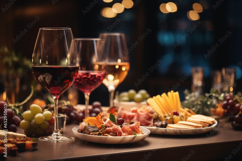 Hotel Restaurant Table with Wine Glasses and Appetizers