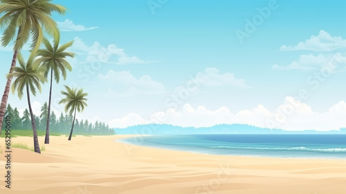 Tropical beach with fine sand and palm trees, calm sea with clear blue sky above. AI Generated