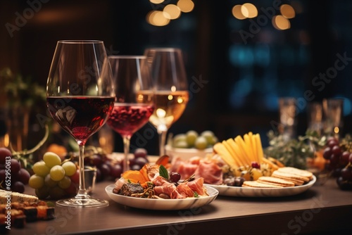 Hotel Restaurant Table with Wine Glasses and Appetizers