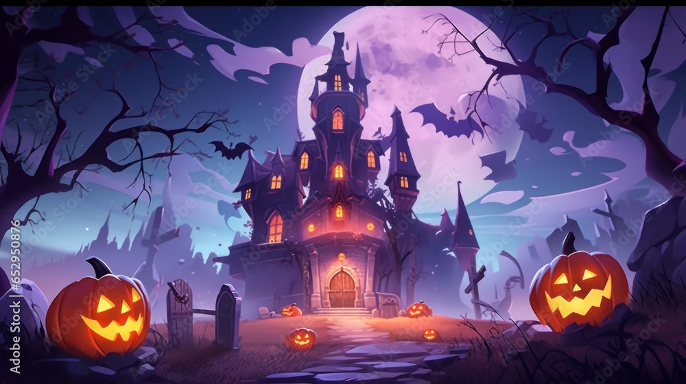 Jack o lantern against the backdrop of a mystical castle and a gloomy forest Jack o lantern against the backdrop of a mystical castle and a gloomy forest