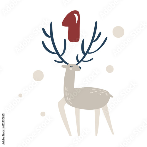 Christmas advent calendar with hand drawn element deer. Day first one 1. Scandinavian style poster. Cute winter illustration for card, poster, kid room decor, nursery art