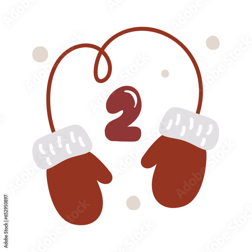 Christmas advent calendar with hand drawn element mittens. Second Day two 2. Scandinavian style poster. Cute winter illustration for card, poster, kid room decor, nursery art