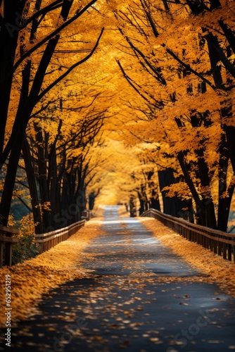 Autumn trees in a wide open mountain road. Generative AI © piai
