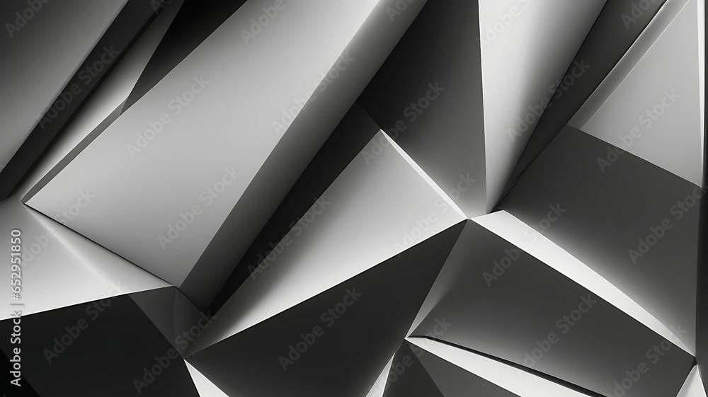 Obraz premium Black-white abstract background. Geometric shape. Lines, triangles. 3d effect. Light, glow, shadow. Gradient. Dark grey, silver. Modern, futuristic.